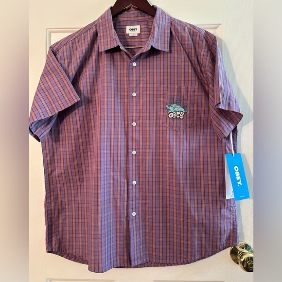 OBEY Men LG Gavin Woven Lavender Multi 100% Organic Cotton Short Sleeve Elephant - Picture 2 of 13